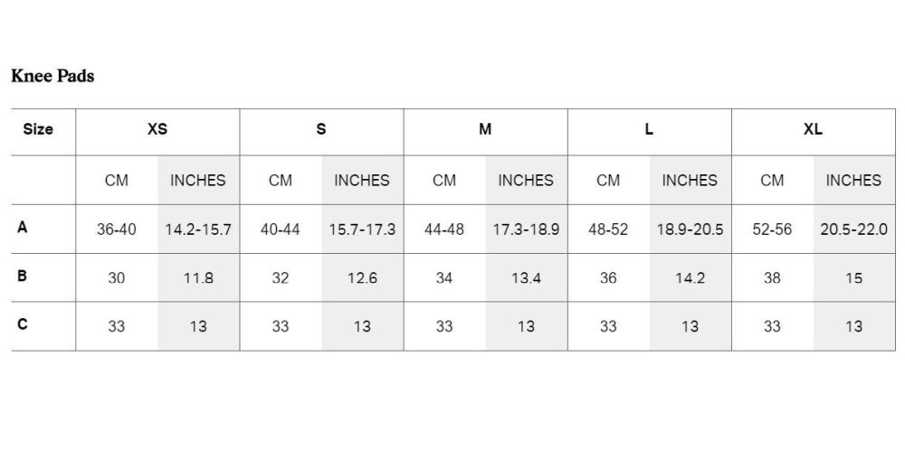 2023 Sweet Knee Pads Sizing - Chart